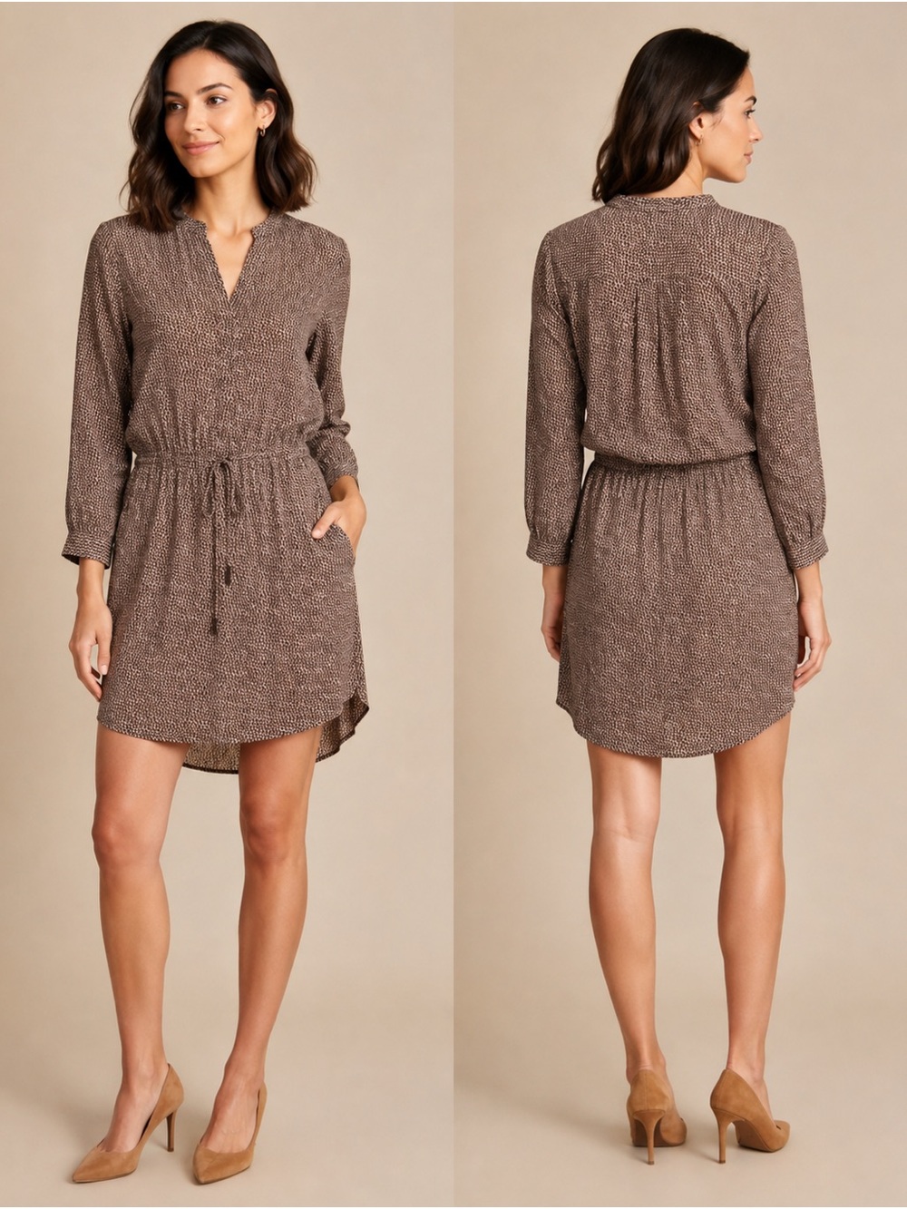 Vince Silk Printed Shirt Dress Size 0 - Taupe Brown Drawstring Mini Long Sleeve